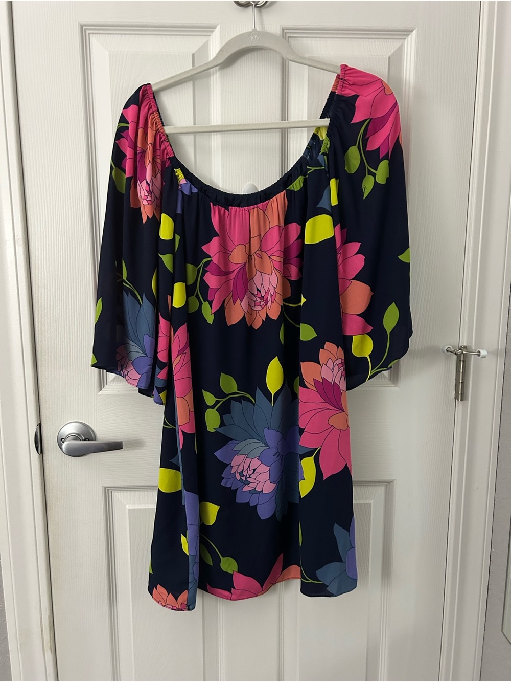 Trina Turk Navy Off-Shoulder Tunic with Pink & Lime Floral Print